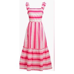J.Crew Pink Multi Stripe Ruffle Strap Cotton Poplin Midi Dress BS599 Mens 16 NWT